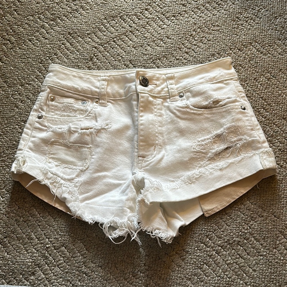 American Eagle Outfitters High Rise Festival White Jean Shorts Distressed Frayed